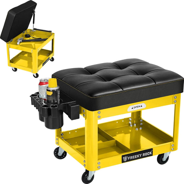 2025 Rolling Mechanic Shop Stool with Wheels, Garage Mechanics Stool with 2 Layer Repair Tools Tray, Padded 360¡ã Swivel Automotive Roller Creeper Seat Shop Chair, Heavy Duty, 330 LBS Capacity, Yellow