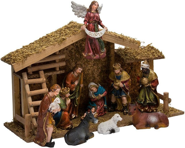 2025 Kurt Adler 12-Piece Wooden Stable Nativity Set, Brown