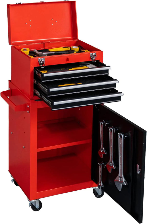2025 3-Drawer Rolling Tool Chest with Wheels, Large Storage Cabinet and Adjustable Shelf - Removable Portable Top Box with Locking System for Garage, Warehouse (Black & Red)