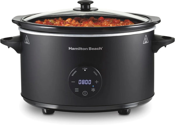 2025 Hamilton Beach 6 Quart Set & Forget Programmable Slow Cooker with Defrost Function, Flexible Programming, Adjustable Countdown Timer, Large Dishwasher Safe Stoneware Crock and Glass Lid, Black (33765)