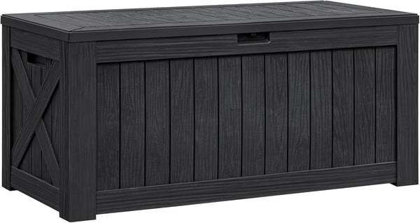 2025 Flamaker Resin Deck Box 120 Gallon Waterproof Large Outdoor Indoor Storage Box Imitation Wood Resin for Patio Furniture Garden Tools and Pool (Black)