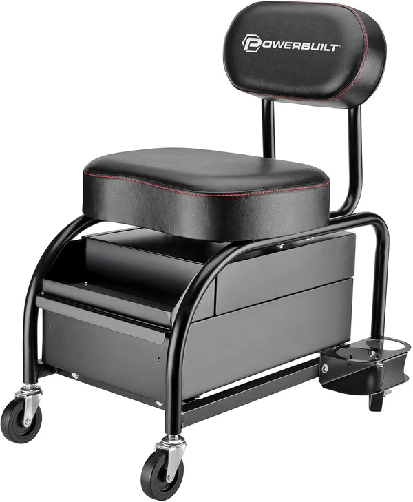 2025 Powerbuilt Professional Car Detailers Mechanics Roller Seat, Heavy Duty Garage Stool with Thick Padded Seat and Backrest, 2 Sliding Storage Drawers, Tool Tray, Can Holders, 3in. Swivel Casters¨C240299