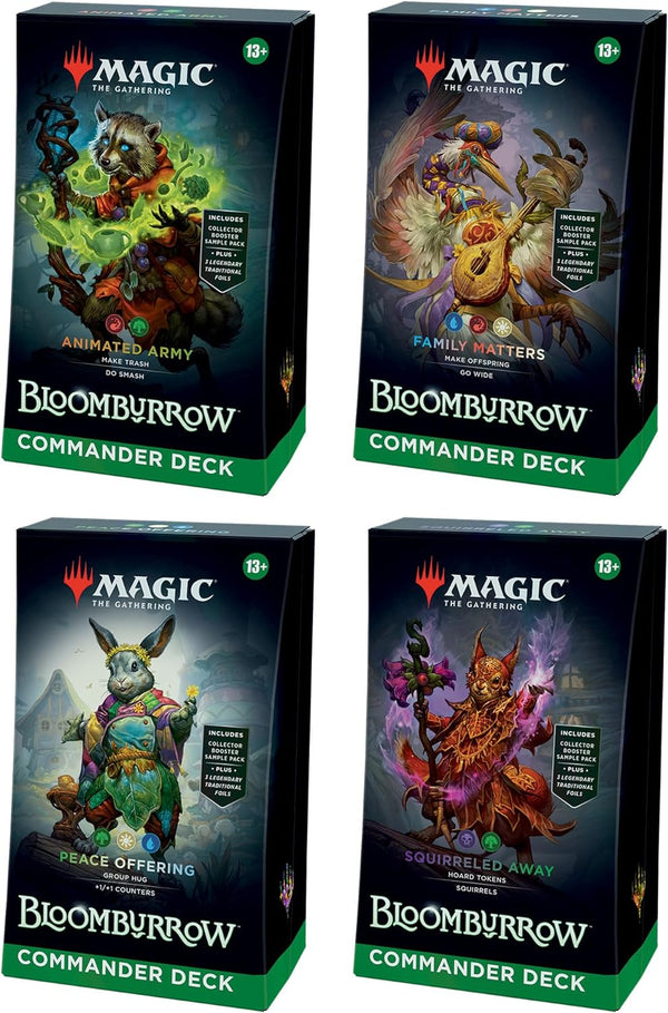 2025 Magic: The Gathering Bloomburrow Commander Deck Bundle ¨C Includes All 4 Decks (Animated Army  Family Matters  Peace Offering  and Squirreled Away)