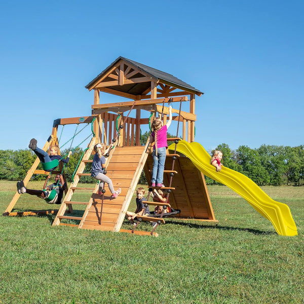 2025 Backyard Discovery Endeavor Cedar Wood Swing Set with Wave Slide, Play Deck, Double Rock Wall, Rope Ladder, Climbing Wall, Belt Swings, 40-Inch Web Swing, Step Ladder, Toy Telescope, Outdoor Playset