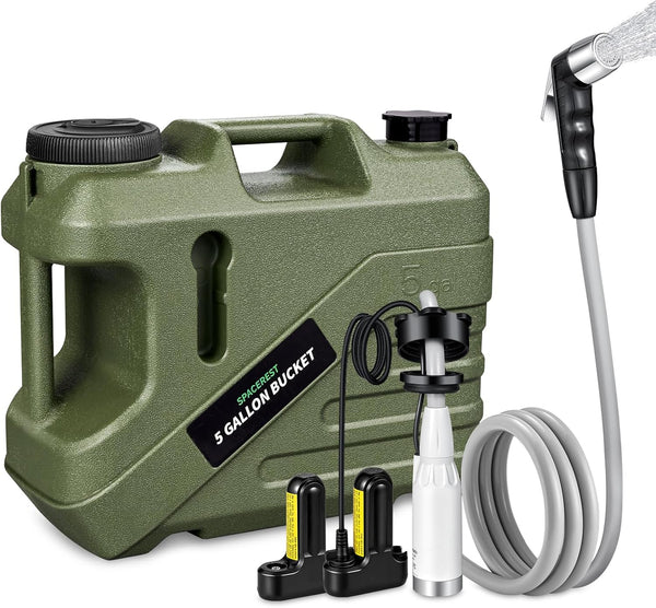 2025 Portable Shower for Camping with 5-Gallon Water Jug, Rechargeable Camping Shower, Food Grade Material Water Containers for Fruit & Vegetables Wash, Integrate Design for Outdoors, Hiking, 2 Batteries