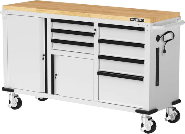 2025 62" x 20" 7-Drawer & 2-Door Rolling Tool Chest, Mobile Tool Storage Cabinet with Power Strip, Locking System, Heavy Duty Rolling Cabinet for Garage, Warehouse & Kitchen, 1000 lbs Capacity