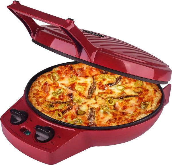 2025 Courant Pizza Maker, 12 Inch Pizza Cooker and Calzone Maker, with Timer &Temperatures control, 1440 Watts Pizza Oven convert to Electric indoor Grill, Red