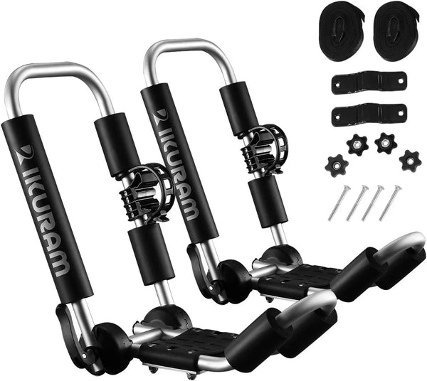 2025 Kayak Roof Rack, Aluminum Kayak Carrier Folding J-Style Universal 3-in-1 Multifunction for Canoe, SUP, Kayaks, Surfboard Rooftop Mount on SUV, Car and Truck Crossbars