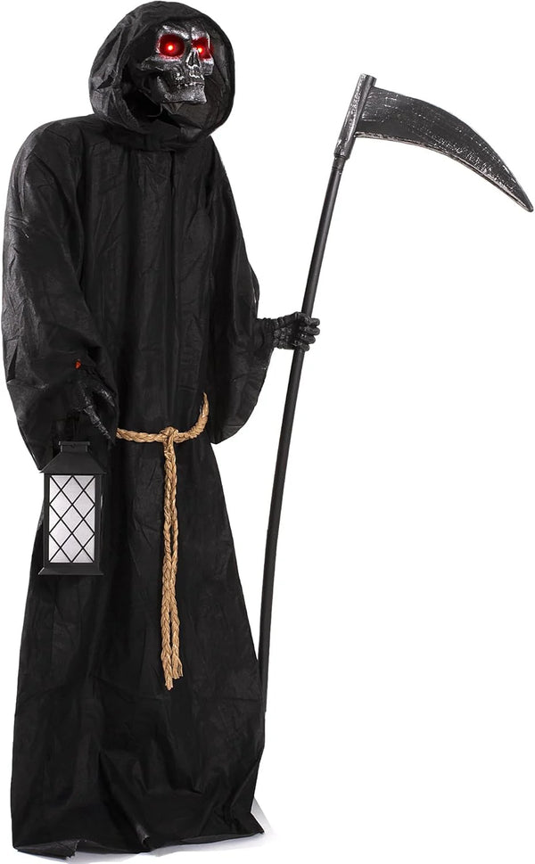2025 Halloween Animatronics 6ft Grim Reaper, 72inch Animated Skeleton Decoration with Sensor Activated, Creepy Voice, Spooky Skull Head, Light Up Eyes, Haunted Scary Move Horror Prop for Indoor, Outdoor